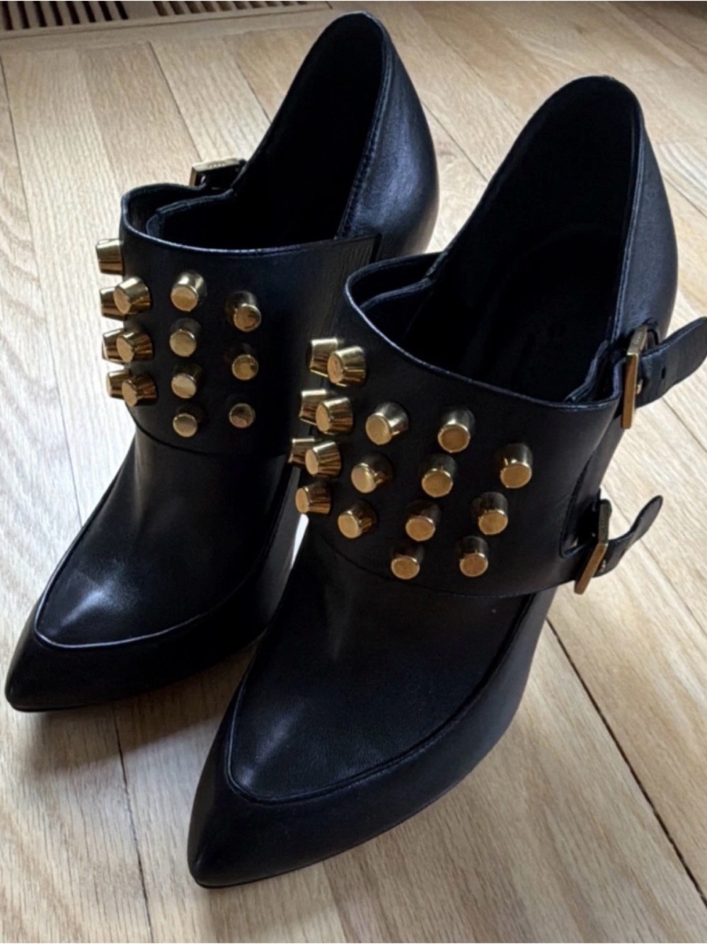 Gucci Black Leather Studded High-Heel Ankle Booties edgy, glam-rock - Picture 2 of 11